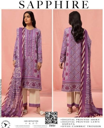 Summer Collection 2024 Sapphire RUSTIC DRAMA Premium Airjet Lawn Lawn 3pc  Front Digital Printed Digital Printed Back Digital Printed Sleeves Plain Cambric Trouser Digital printed Dupata