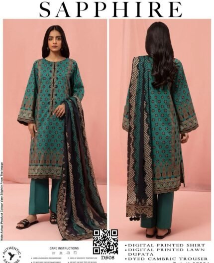 Summer Collection 2024 Sapphire RUSTIC DRAMA Premium Airjet Lawn Lawn 3pc  Front Digital Printed Digital Printed Back Digital Printed Sleeves Plain Cambric Trouser Digital Printed 4Side Pallu Print Lawn Dupatta Orignal  Sapphire